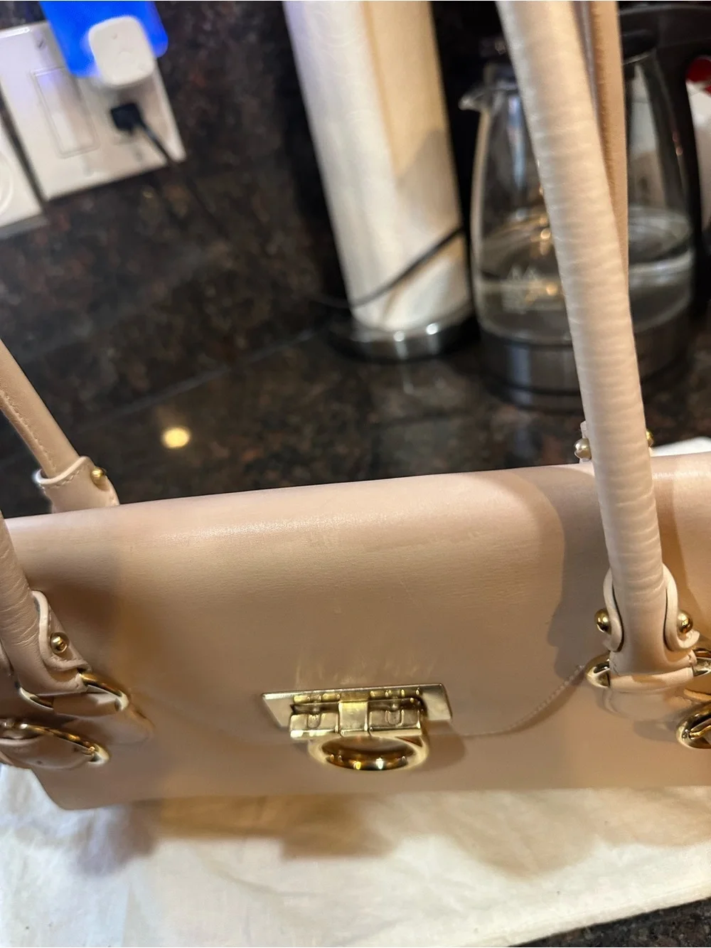 Authentic Salvatore Ferragamo Gancini Leather Tote Shoulder Bag Cream Beige READ